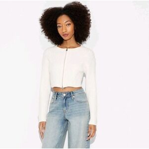 Wild Fable Women White Ribbed Cropped Zipper Sweater Size M